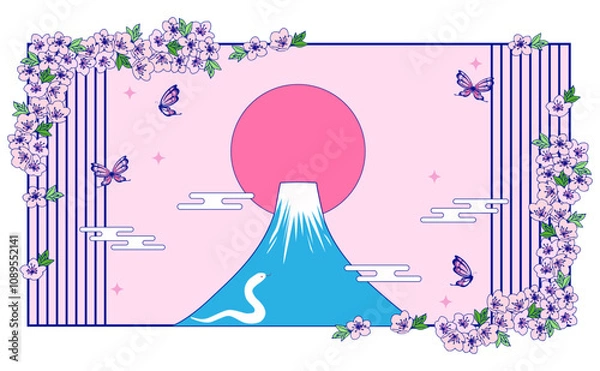 Obraz 白蛇と富士山と蝶の和風背景イラスト