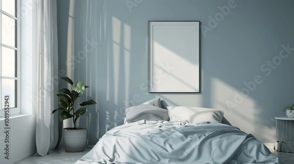 Fototapeta A minimalist bedroom with pastel-colored bedding and a single piece of wall art