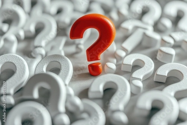 Fototapeta A cluster of white question marks, each with a red question mark in the center