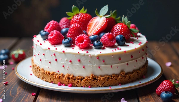 Obraz Luxurious Berry Cheesecake with Fresh Fruit Decoration in Rustic Style