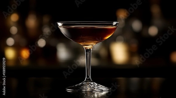Obraz A dramatic, low-key photograph of a glass of dark liqueur on a matte black surface, with the drink catching subtle, warm highlights, casting deep, elegant shadows, and creating a sophisticated,