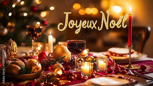 Fototapeta Elegant Christmas Dinners Featuring Joyeux Noël in Golden Script