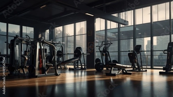 Fototapeta Modern gym with large windows overlooking a cityscape, filled with exercise equipment.