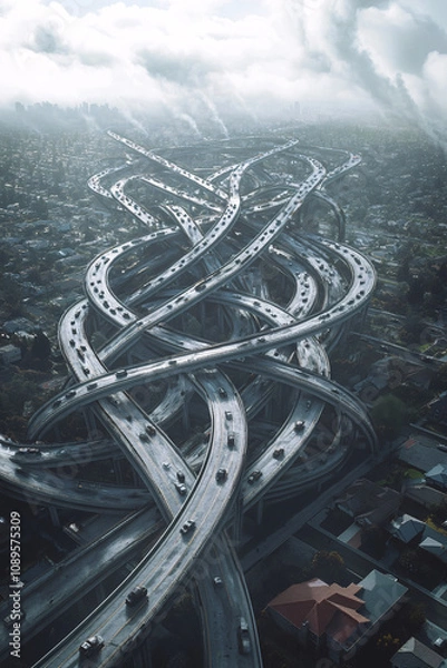 Obraz Aerial View of a Dystopian Intertwining Highway Network with Futuristic and Surreal Loops and Intersections Depicting Urban Chaos"