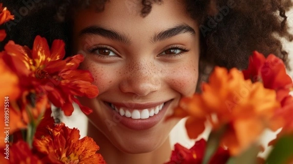 Fototapeta Close-up of the face of a young woman beaming with joy, holding a bouquet of red and orange flowers, generative ai