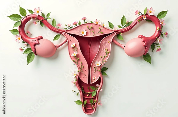 Fototapeta Female reproductive system with flowers and leaves on white background. 3d illustration