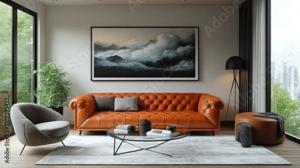 Fototapeta Here's a possible  and keyword list for your stock image.. Modern living room with orange leather sofa, mountain art, and city view.