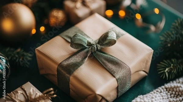 Fototapeta Golden wrapped gift box nestled in festive decor.