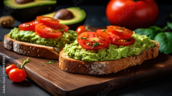 Fototapeta A photo of delicious toasts with avocado and fresh tomato slices. 
