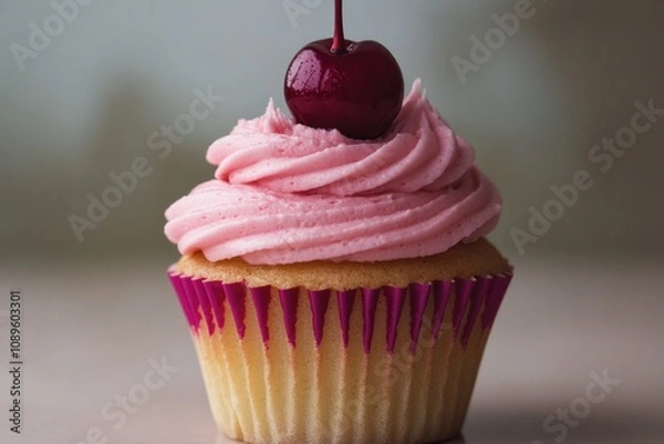 Fototapeta A delicious-looking cupcake with pink frosting and a cherry on top