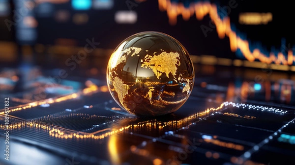 Obraz Golden globe visualization amid market trends digital financial environment business analytics global economy insights