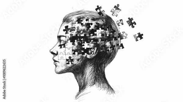 Fototapeta Creative depiction of a woman\'s head with puzzle pieces scattered