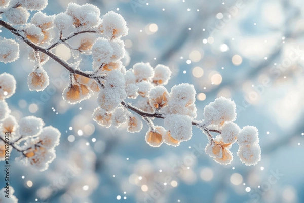 Fototapeta a close-up of a branch with winter fruits, covered with frost and snow hoarfrost, is shown. 