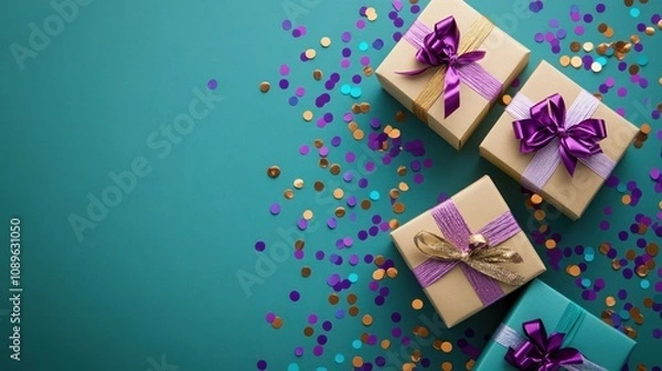 Fototapeta Gift set with colorful bows and confetti on green