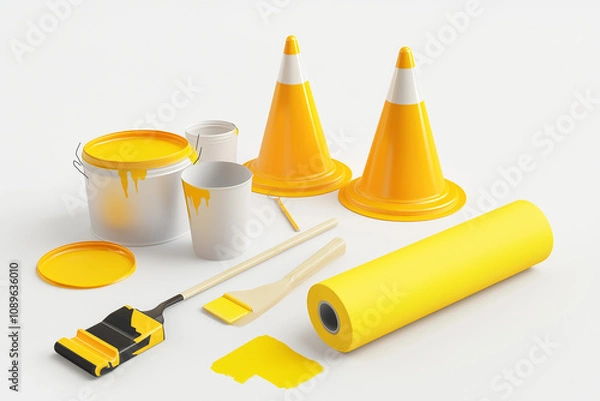 Obraz Painting Tools for Renovation: Roller, Paint Can, and Traffic Cones with Yellow Paint.