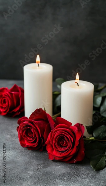 Fototapeta Elegant white candles surrounded by red roses create romantic atmosphere, perfect for special occasions or intimate settings.  valentine