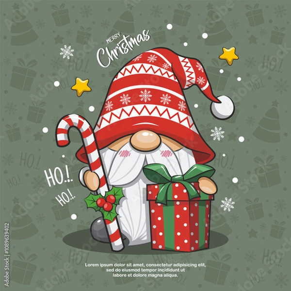 Obraz Cute Gnome Santa Claus With Give Box On Green Background. Cartoon Illustration