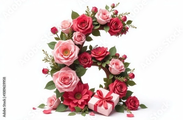 Fototapeta Intertwined gifts, balloons and flowers letter “6”, realist precision, high saturation, beautiful, inspiring, isolated, flat white background 