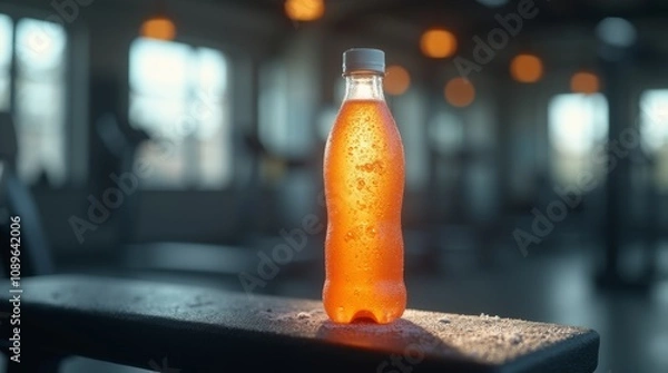 Fototapeta isotonic drink in a frosted bottle with condensation droplets, placed on a gym bench post-workout