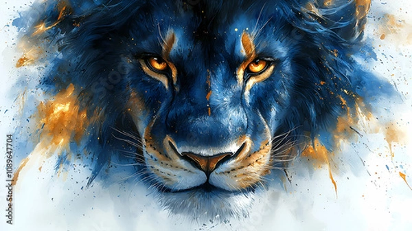Obraz Majestic blue lion with intense eyes, surrounded by vibrant splashes of color, symbolizing power and creativity.
