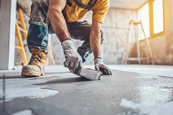 Obraz Construction Worker Applying Epoxy Resin to Concrete Floor During Renovation.