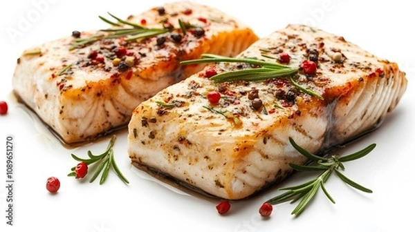 Obraz Food, Marinated Fish, on White Background, Photo Realistic, Wallpaper, Cover and Screen for Smartphone, PC, Laptop, 9:16 and 16:9 Format