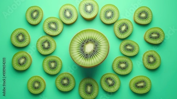 Fototapeta A vibrant display of fresh kiwi fruit slices on a green background.