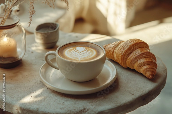 Fototapeta A cozy café scene with a cup of cappuccino and a croissant on a table lit by warm sunlight. Ideal for themes of comfort, relaxation, and indulgence.