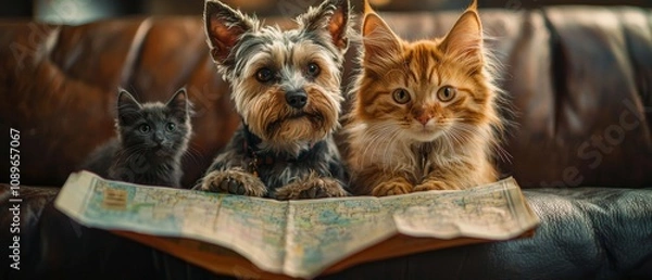 Fototapeta Exploring map together, dog and two cats display curiosity and friendship. This dynamic scene captures essence of adventure and companionship among pets
