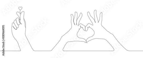 Fototapeta Single line One continuous line Minimalist artistic drawing with heart shape finger heart representation of passionate love Editable stroke vector.