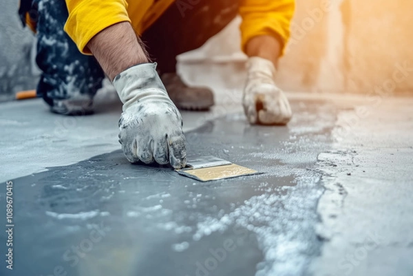 Obraz Worker Sealing Concrete Floor with Epoxy Resin During Home Renovation.
