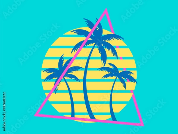 Fototapeta Palm trees at sunset retro sun in 80s style. Retro futuristic silhouettes of palm trees against the sun in a triangular frame. Synthwave style. Design for banners and posters. Vector illustration