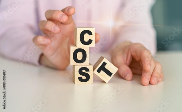 Fototapeta COST word written on wood block. COST text on table