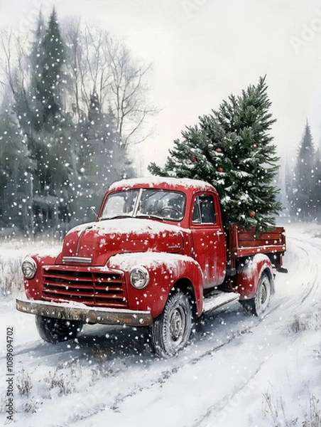 Fototapeta A red vintage truck in the  snow with trees in the background, carrying a Christmas tree in the back