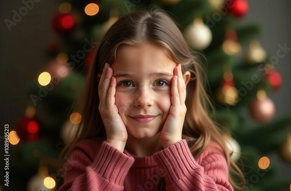 Fototapeta  A young girl with a thoughtful and dreamy expression, gently holding her face with both hands, sitting in front of a decorated Christmas tree glowing with festive lights.