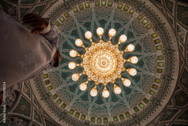 Fototapeta Chandelier in the Grand Sultan Qaboos Mosque in Muscat, Oman, is a breathtaking example of Islamic architecture