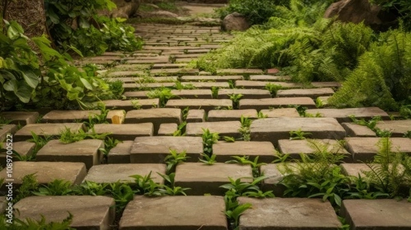 Fototapeta Stone Path in a Verdant Garden: A charming stone pathway, partially overgrown with lush greenery and vibrant plants, winds its way invitingly through a tranquil garden setting.