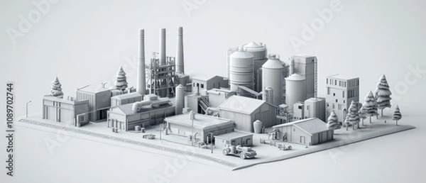 Fototapeta Monochrome model of an industrial complex with surrounding trees and buildings.
