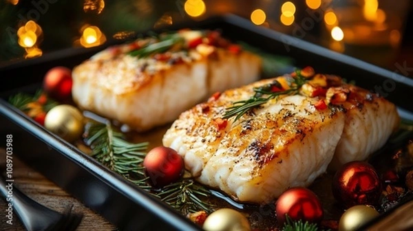 Obraz Roasted cod fillets with festive garnish for Christmas dinner.