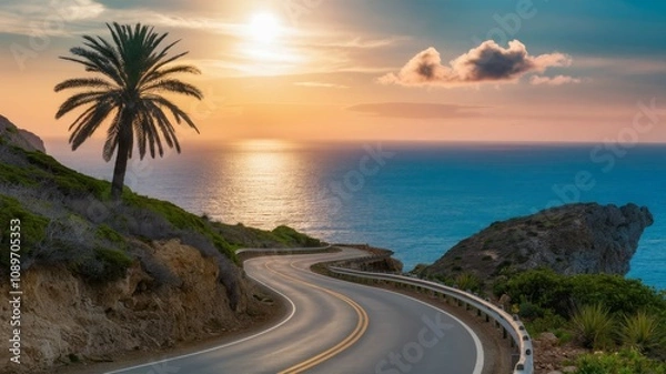 Fototapeta Scenic Coastal Drive: A winding road gracefully carves its way along a stunning coastline, with a towering palm tree silhouetted against a vibrant sunset and the vast ocean.
