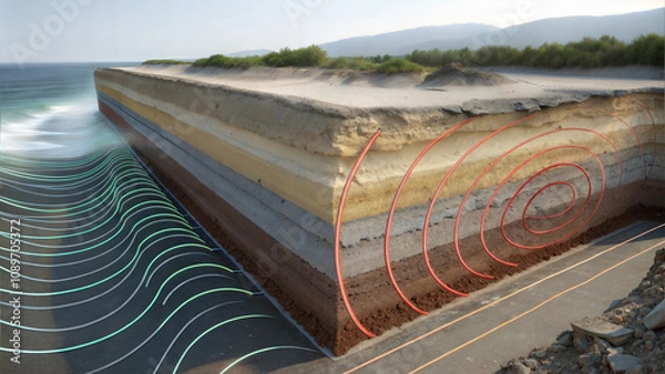 Obraz Detailed geological model showing seismic wave propagation through land and sea layers