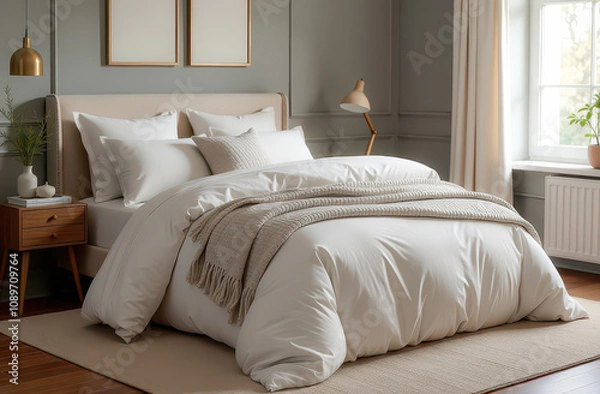 Fototapeta Scandinavian Minimalism Interior - Light, Bedroom, Bed, Pillows, Blanket, Bed Linen, Home Comfort, Gentleness, Textiles, Linen, Cotton, Crisp, Soft, Light, Bedding Store