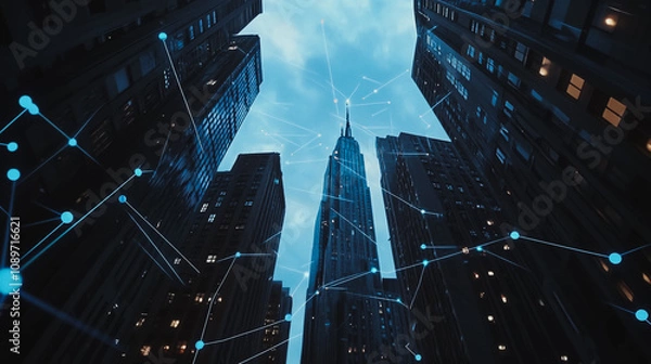 Fototapeta Smart digital Innovation Business skyscrapers in the Financial District with connection network reciprocity over the cityscape. of future smart wireless digital city and social media networking