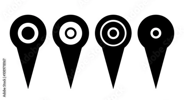 Fototapeta Four Variations of Map Location Pins with Different Inner Circle Designs for Navigation and Geolocation