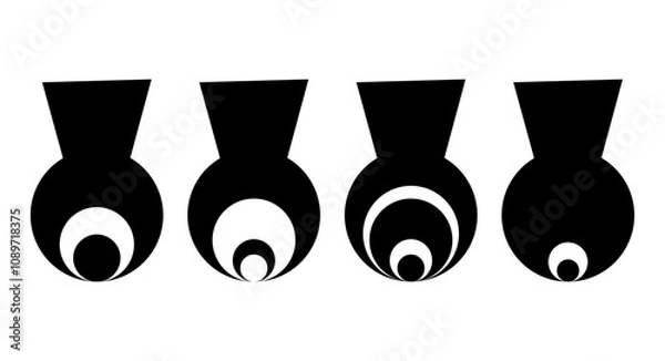 Fototapeta  Four Black and White Circular Designs with Concentric Circles and Trapezoidal Tops, Abstract Geometric Art