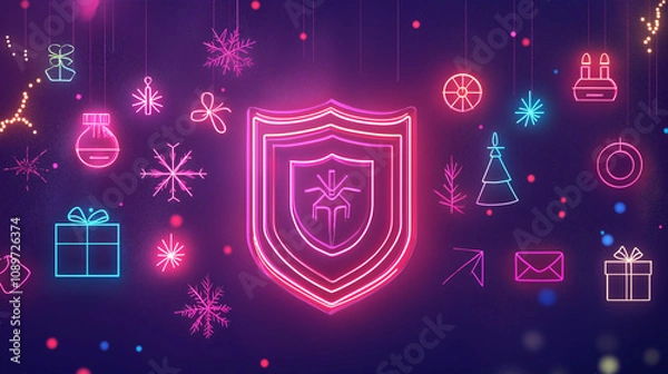 Fototapeta Bright Abstract Digital Splash with Cybershield and Neon Christmas Icons