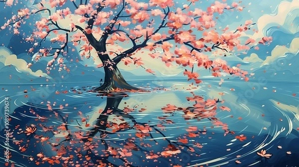 Fototapeta A serene landscape featuring a cherry blossom tree reflecting in calm waters, surrounded by gently falling petals.