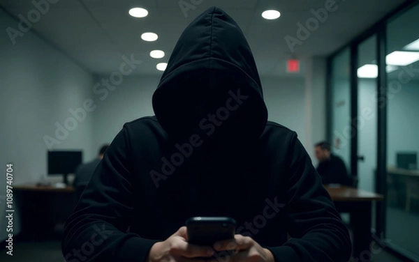 Obraz A faceless man in a black hooded jacket holds a phone in his hands against the background of an office. Concept of fighting against telephone scammers hackers. Low key, dramatic light.