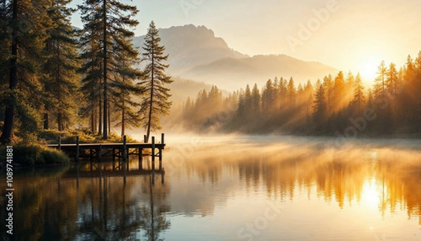 Fototapeta Golden autumn forest with tall trees and a carpet of fallen leaves, creating a peaceful and scenic natural landscape.