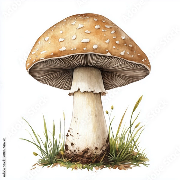 Fototapeta A mushroom in the style of botanical painting, on a plain white background